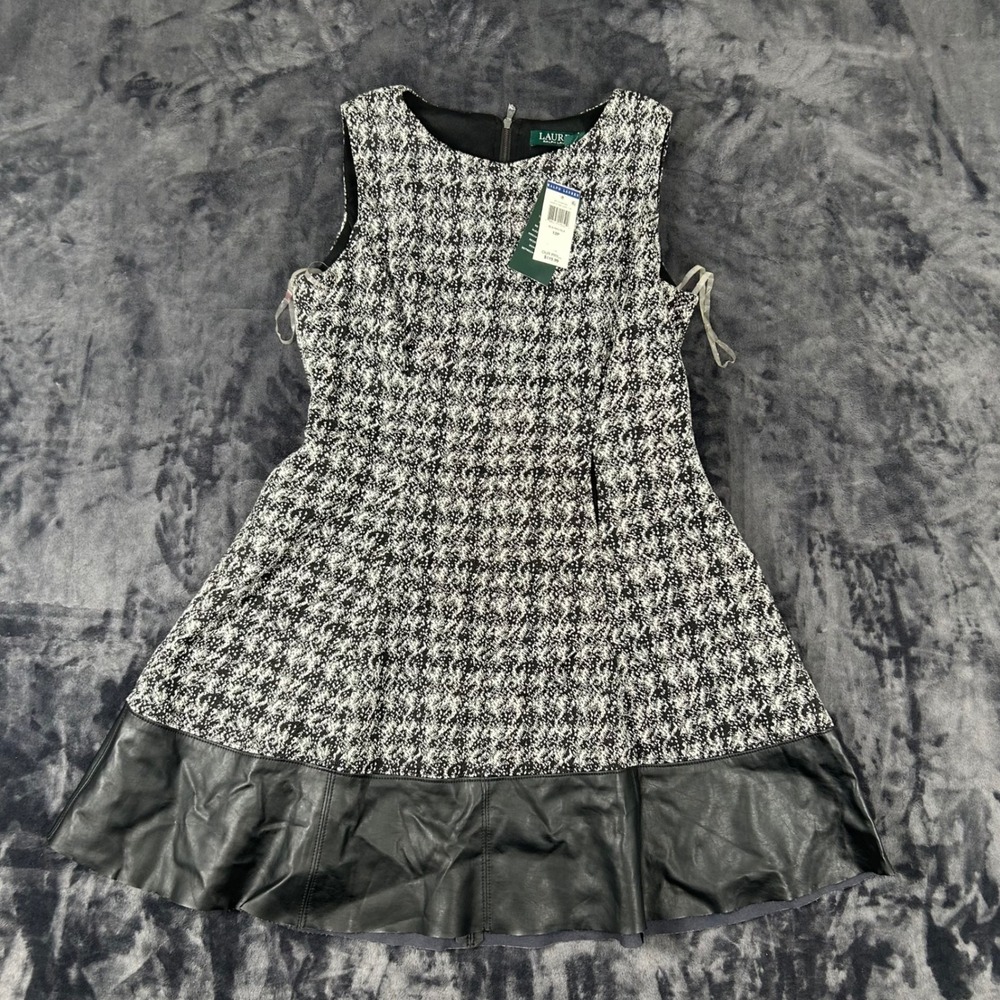 Lauren Ralph Lauren Dress Womens 12P Black White Tweed Faux Leather Trim